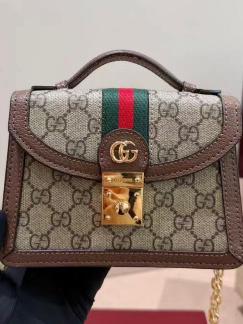 Gucci GG Supreme Canvas Web Stripe Mini Handbag Top Handle Chain Crossbody Bag